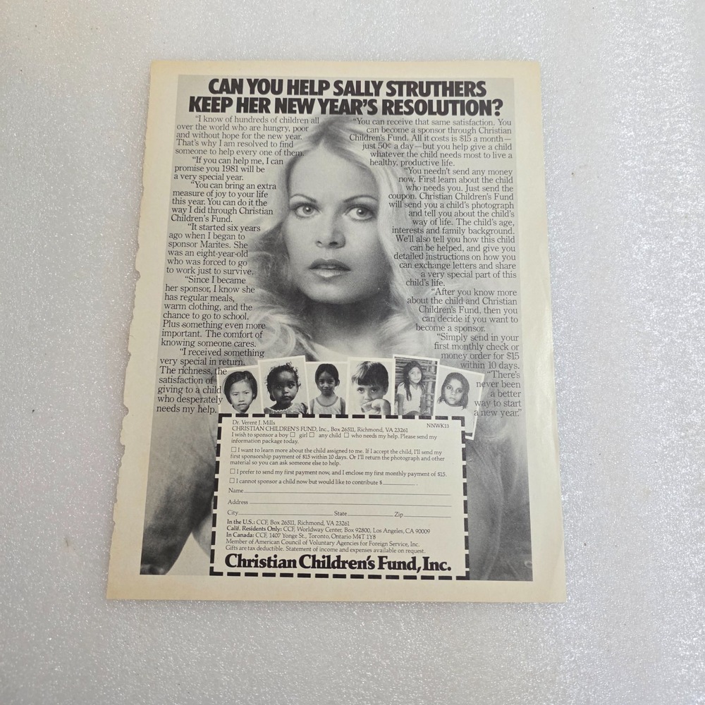 Vintage Print Ad Sally Struthers Christian Children's Fund B&W 8x10.5 1981
